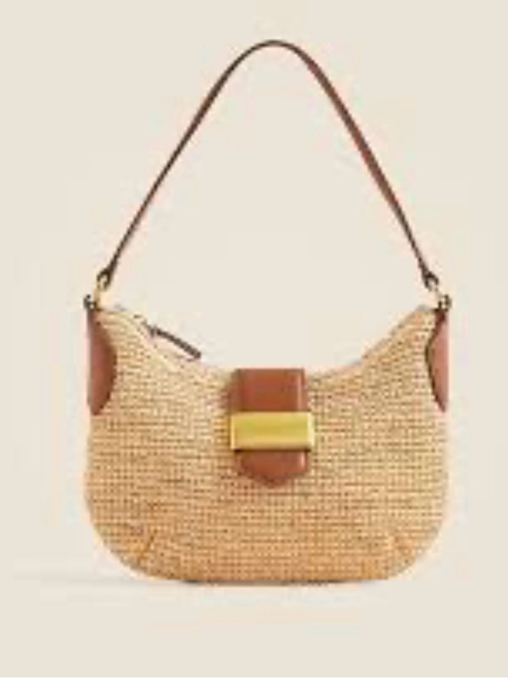 J Crew Berkeley Buckle Shoulder Woven Straw Bag with Leather Trim